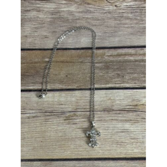 Fleur-de-lis Pendant Necklace Embellished Rhinestones Textured Chain 10" NEW - Picture 4 of 5